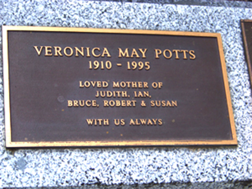 Photo of headstones/Veronica May Potts nee McLennan d 1995 mem plaque Fawkner cem Vic